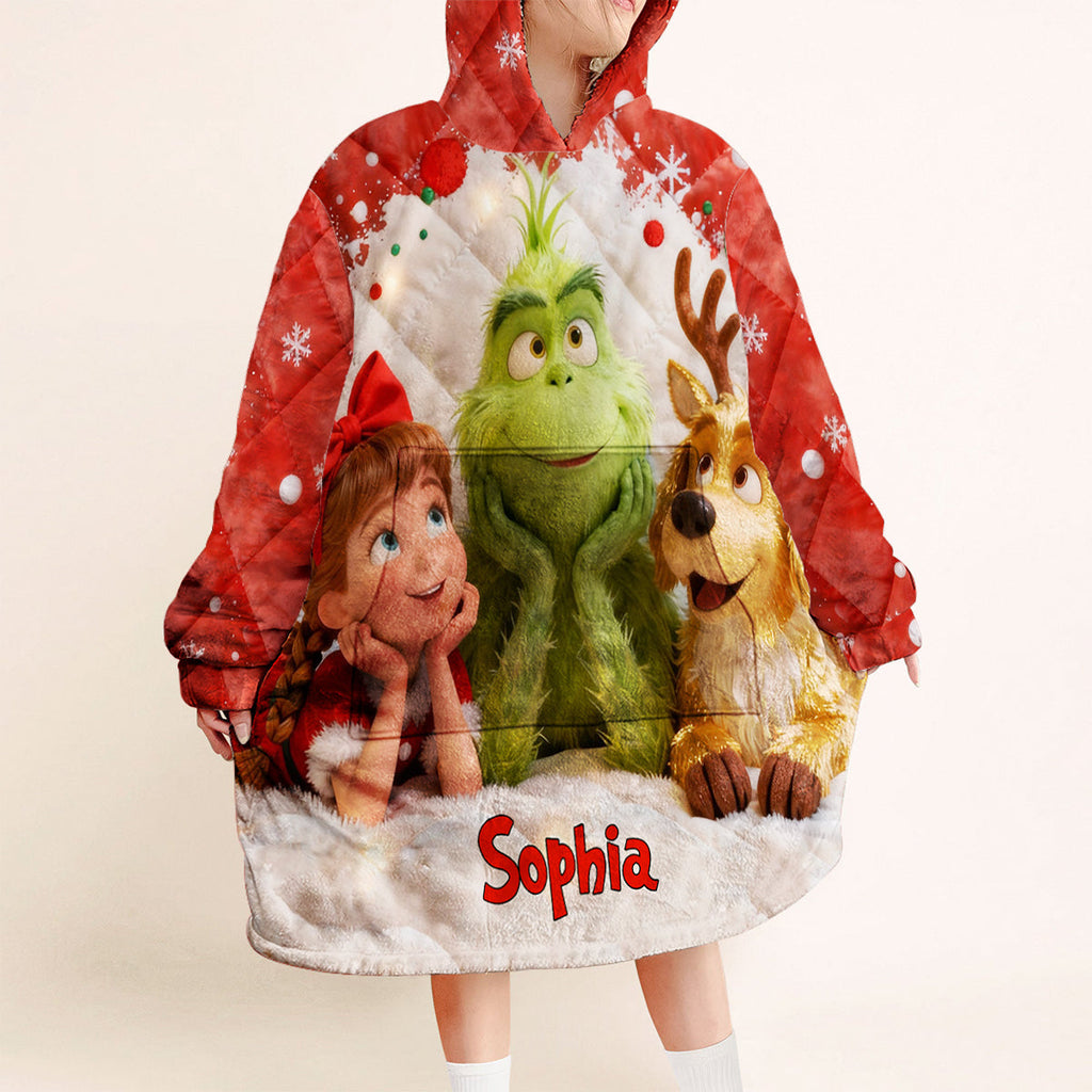 Personalized Christmas Blanket Hoodie with Grinch Design for Kids Blanket Hoodie GradoCreations