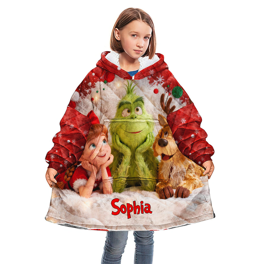 Personalized Christmas Blanket Hoodie with Grinch Design for Kids Blanket Hoodie GradoCreations