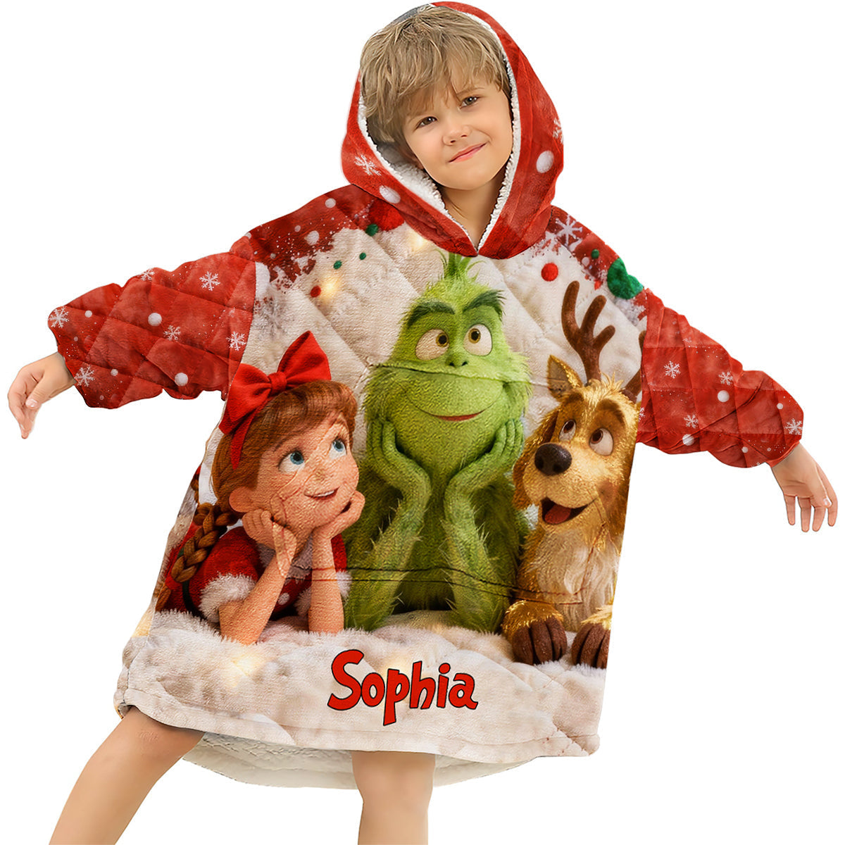 Personalized Christmas Blanket Hoodie with Grinch Design for Kids Blanket Hoodie GradoCreations