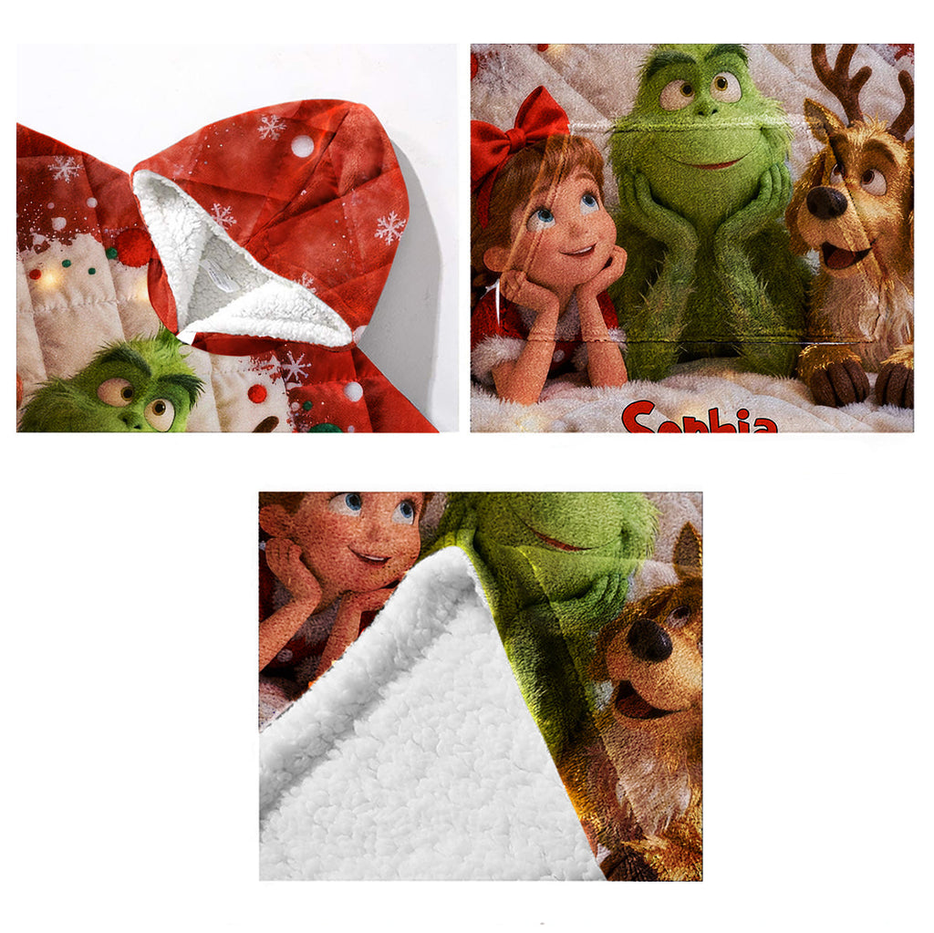 Personalized Christmas Blanket Hoodie with Grinch Design for Kids Blanket Hoodie GradoCreations