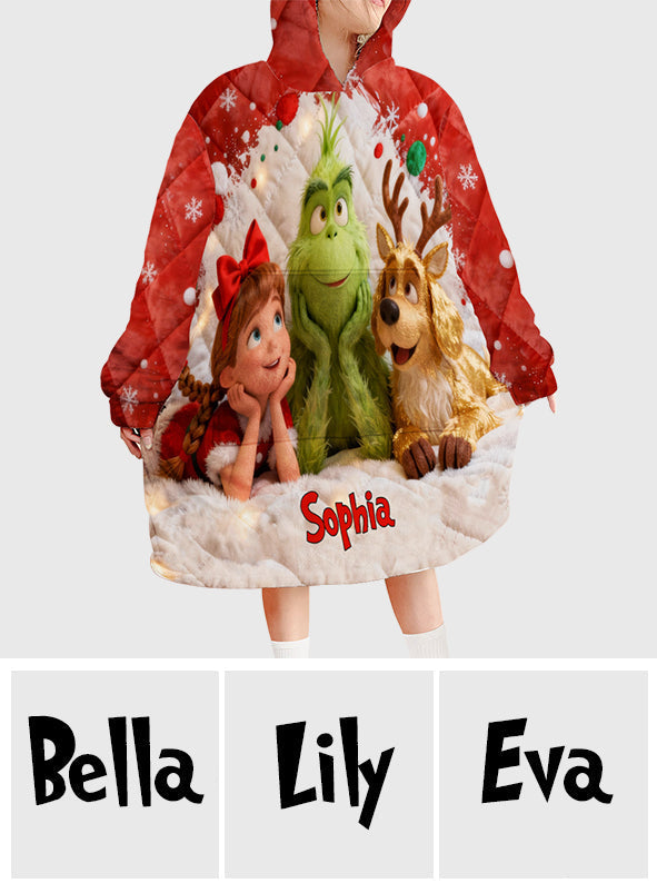 Personalized Christmas Blanket Hoodie with Grinch Design for Kids Blanket Hoodie GradoCreations