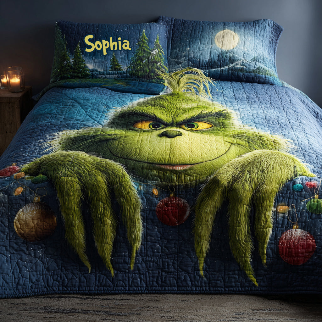Personalized Grinch Christmas Quilt Set with Custom Name for Kids Quilt Set GradoCreations