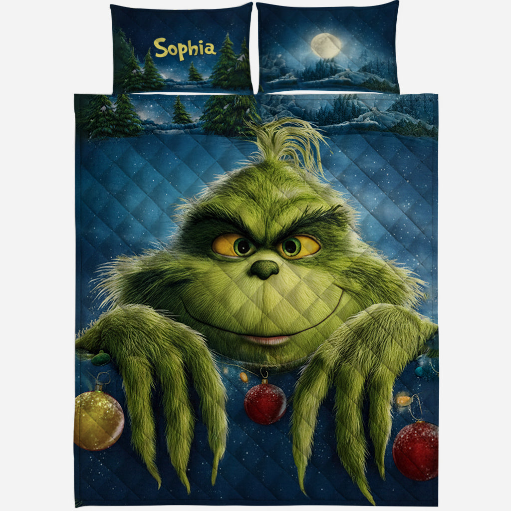 Personalized Grinch Christmas Quilt Set with Custom Name for Kids Quilt Set GradoCreations