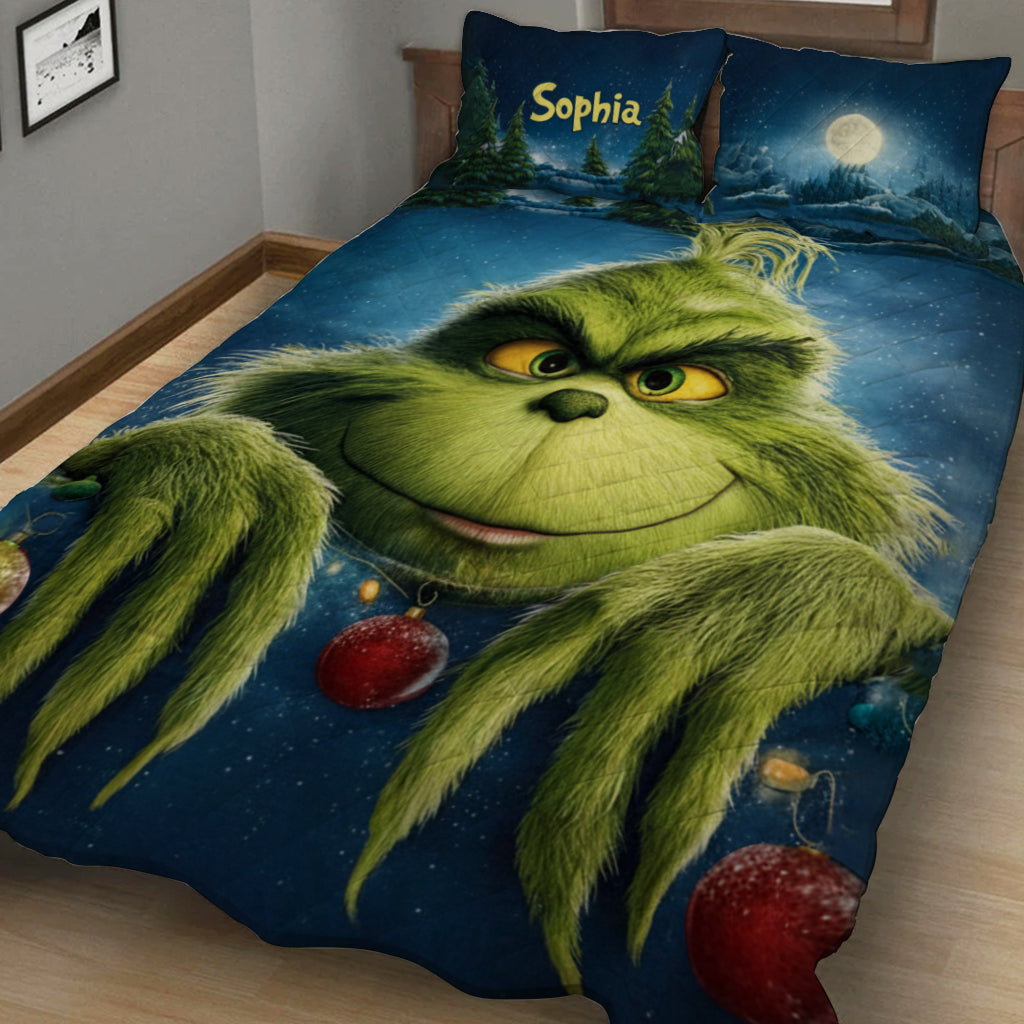 Personalized Grinch Christmas Quilt Set with Custom Name for Kids Quilt Set GradoCreations