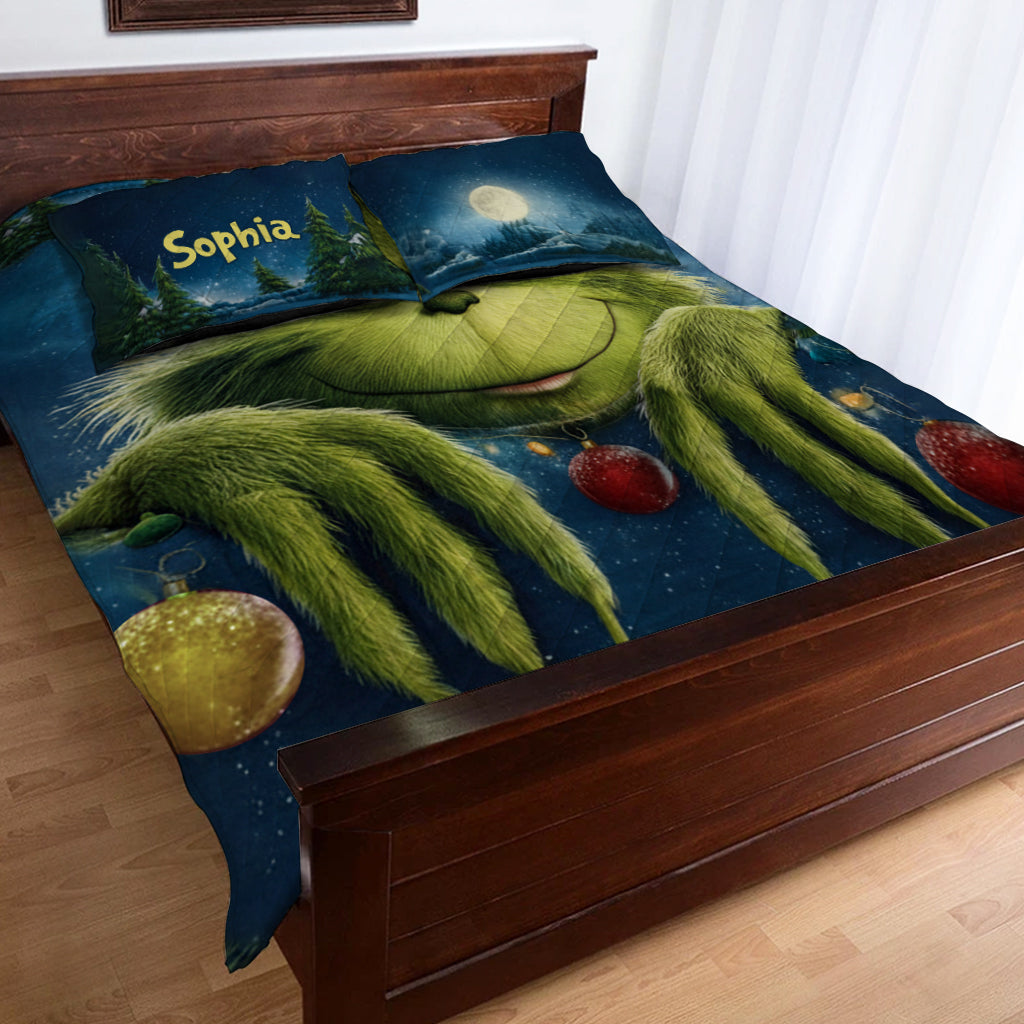 Personalized Grinch Christmas Quilt Set with Custom Name for Kids Quilt Set GradoCreations