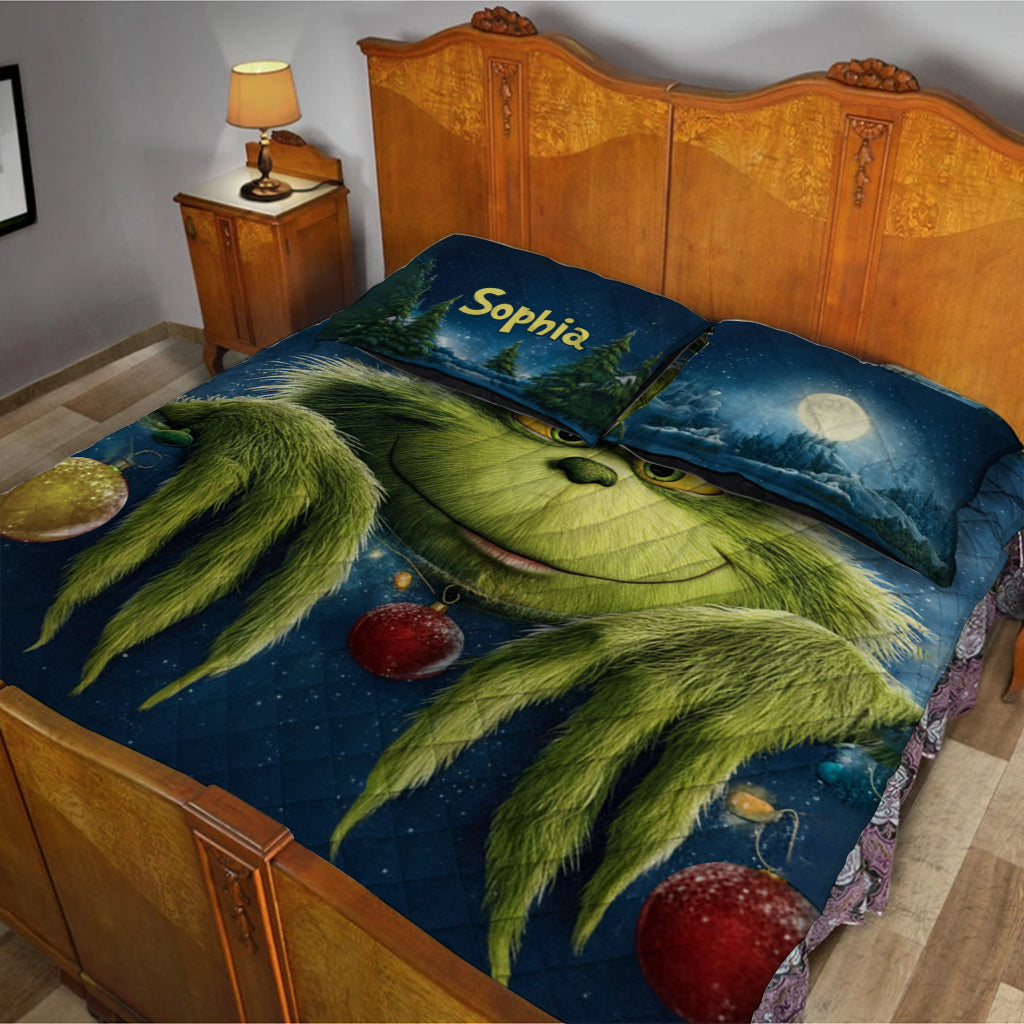 Personalized Grinch Christmas Quilt Set with Custom Name for Kids Quilt Set GradoCreations