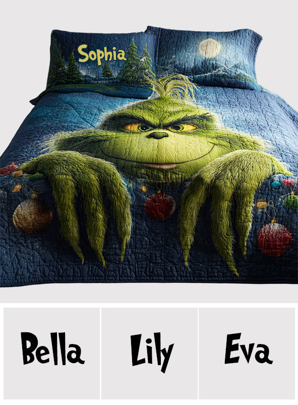 Personalized Grinch Christmas Quilt Set with Custom Name for Kids Quilt Set GradoCreations