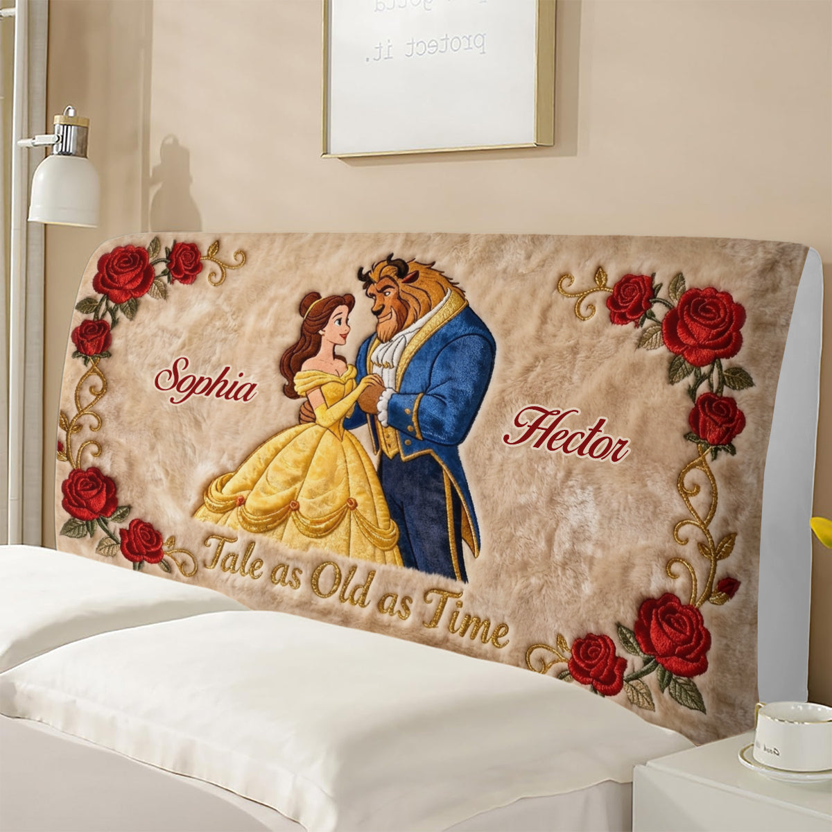 Personalized Beauty and the Beast Headboard Slipcover Custom Names Gift for Kids Headboard Slipcover GradoCreations