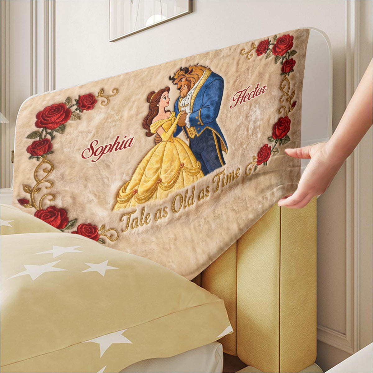 Personalized Beauty and the Beast Headboard Slipcover Custom Names Gift for Kids Headboard Slipcover GradoCreations