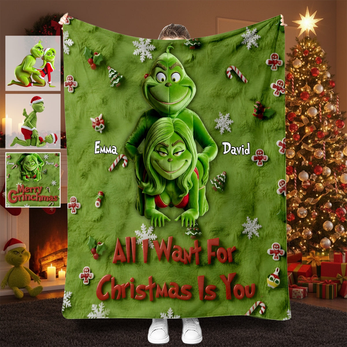 Personalized Merry Grinchmas Blanket Custom Name Gift for Family Blanket GradoCreations