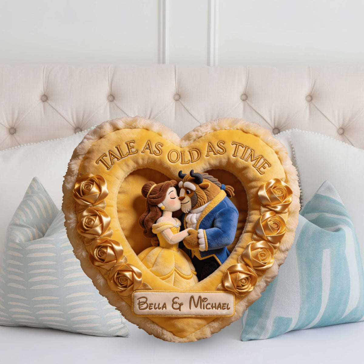 Custom Faux Fur Heart Pillow Personalized Beauty and the Beast Gift Faux Fur Shaped Pillow GradoCreations