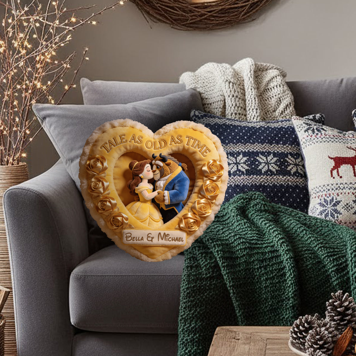 Custom Faux Fur Heart Pillow Personalized Beauty and the Beast Gift Faux Fur Shaped Pillow GradoCreations