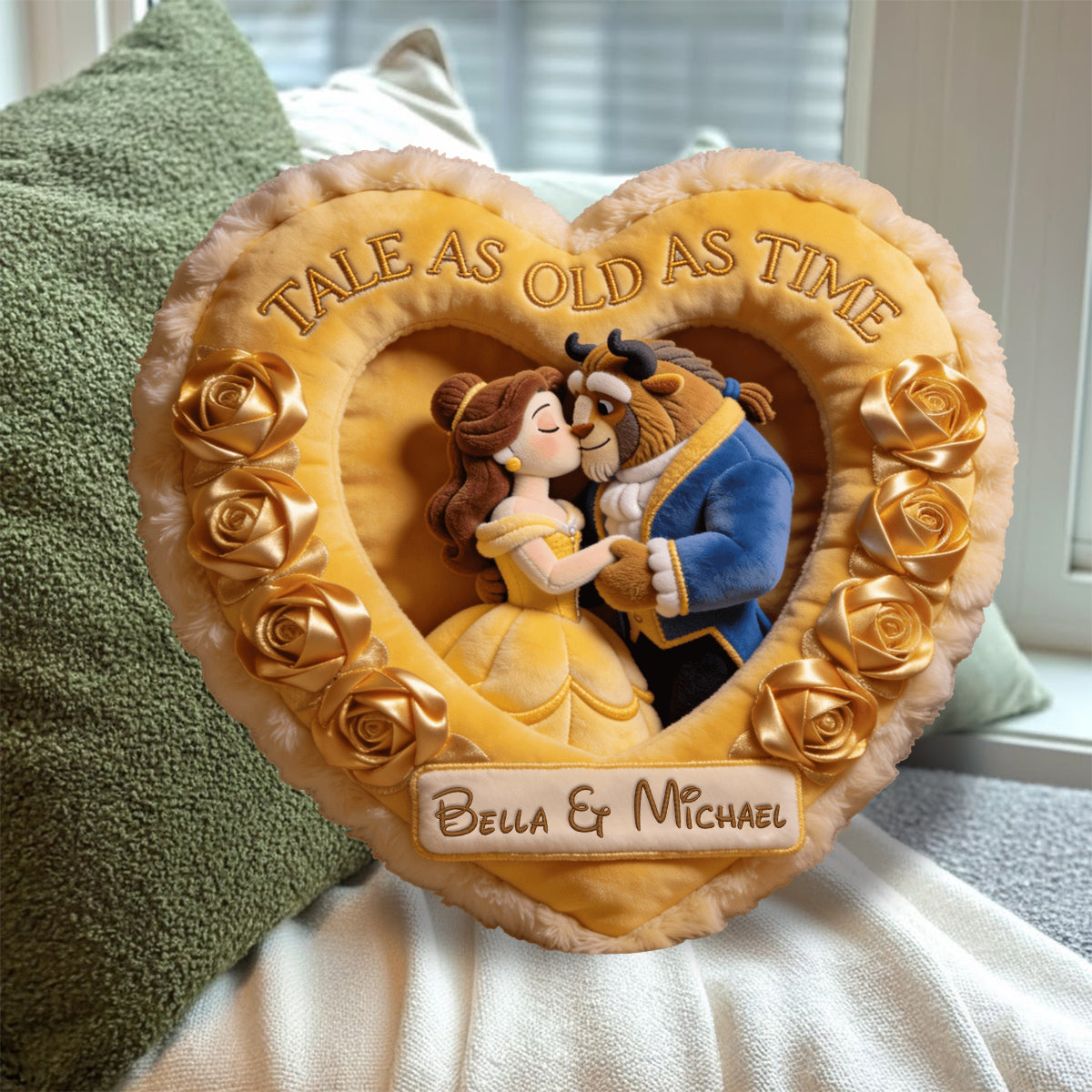 Custom Faux Fur Heart Pillow Personalized Beauty and the Beast Gift Faux Fur Shaped Pillow GradoCreations