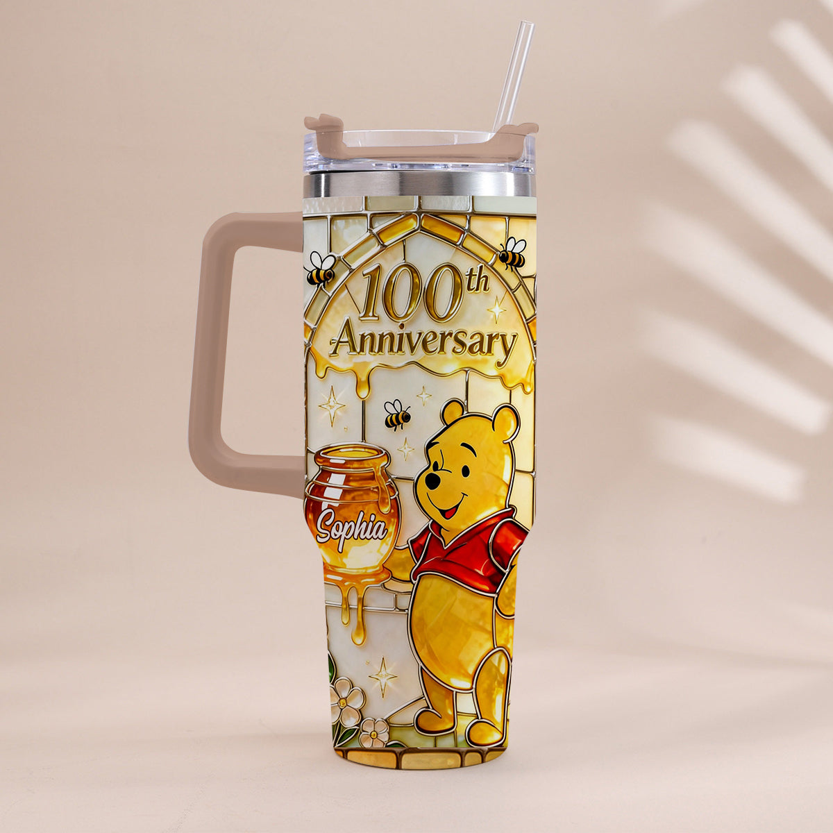 Personalized 100th Anniversary Yellow Bear Tumbler Gift Tumbler With Handle GradoCreations