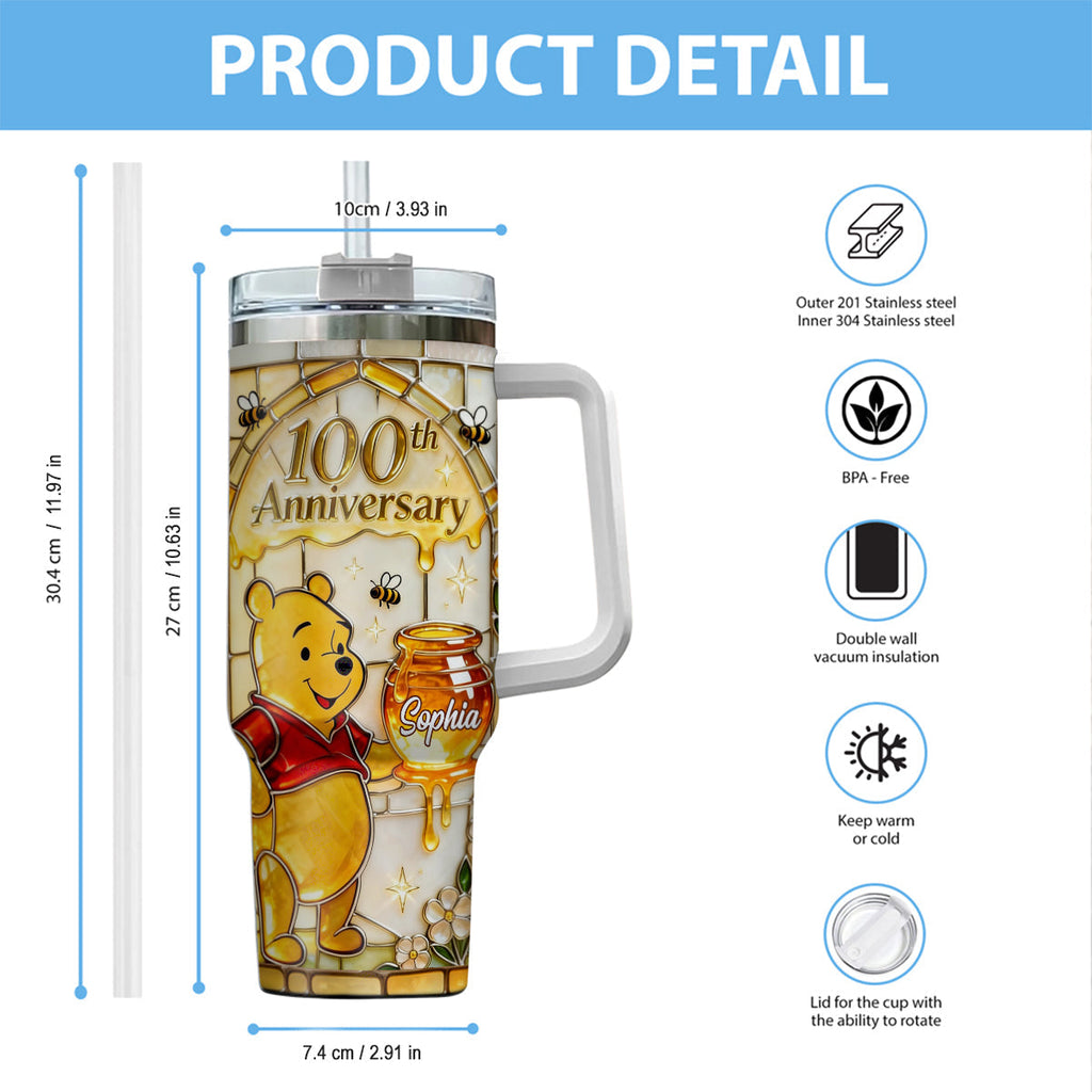 Personalized 100th Anniversary Yellow Bear Tumbler Gift Tumbler With Handle GradoCreations