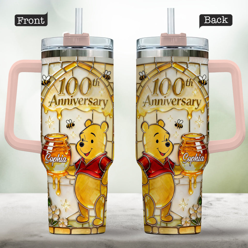 Personalized 100th Anniversary Yellow Bear Tumbler Gift Tumbler With Handle GradoCreations