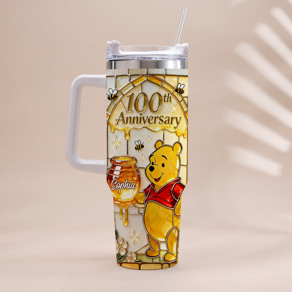 Personalized 100th Anniversary Yellow Bear Tumbler Gift Tumbler With Handle GradoCreations