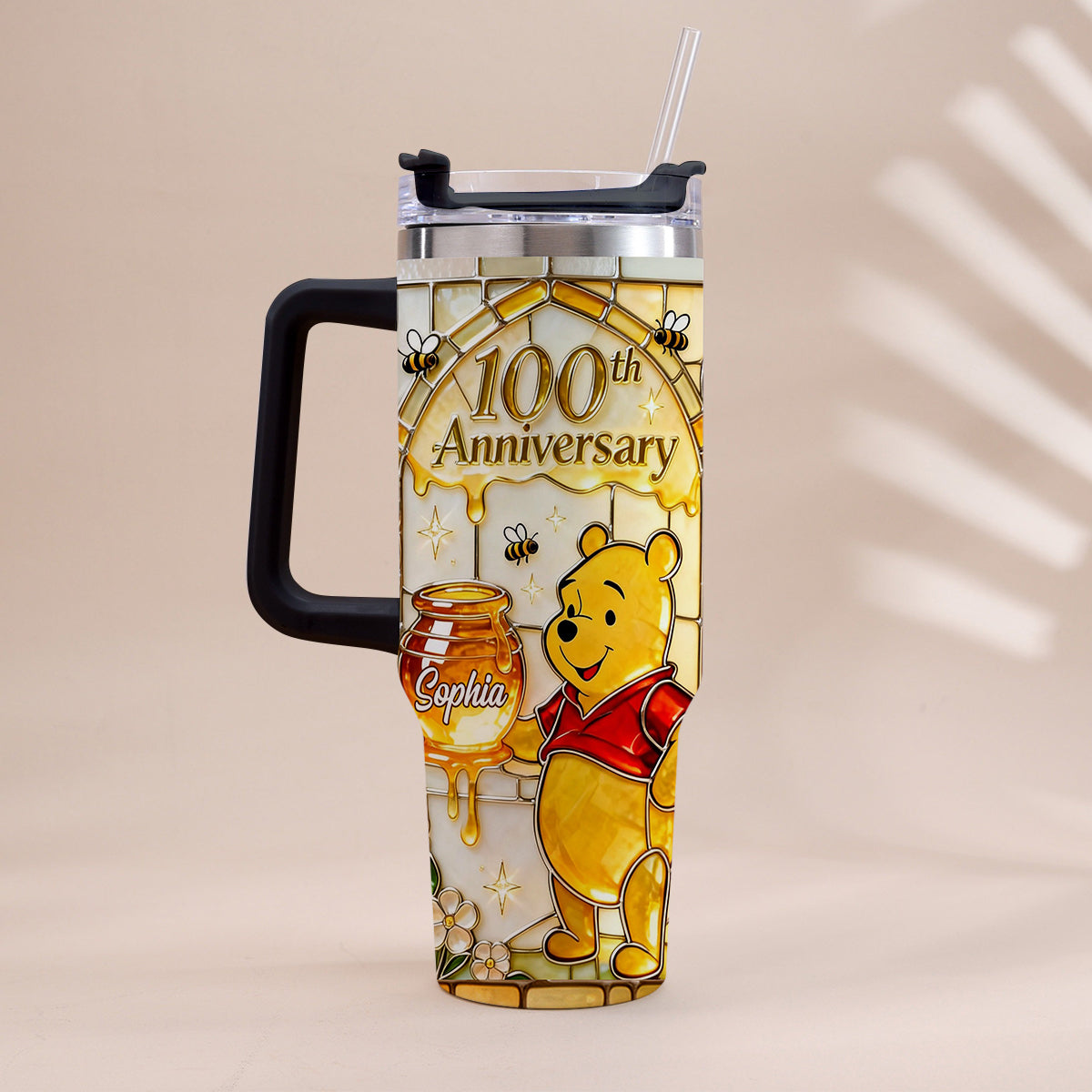 Personalized 100th Anniversary Yellow Bear Tumbler Gift Tumbler With Handle GradoCreations