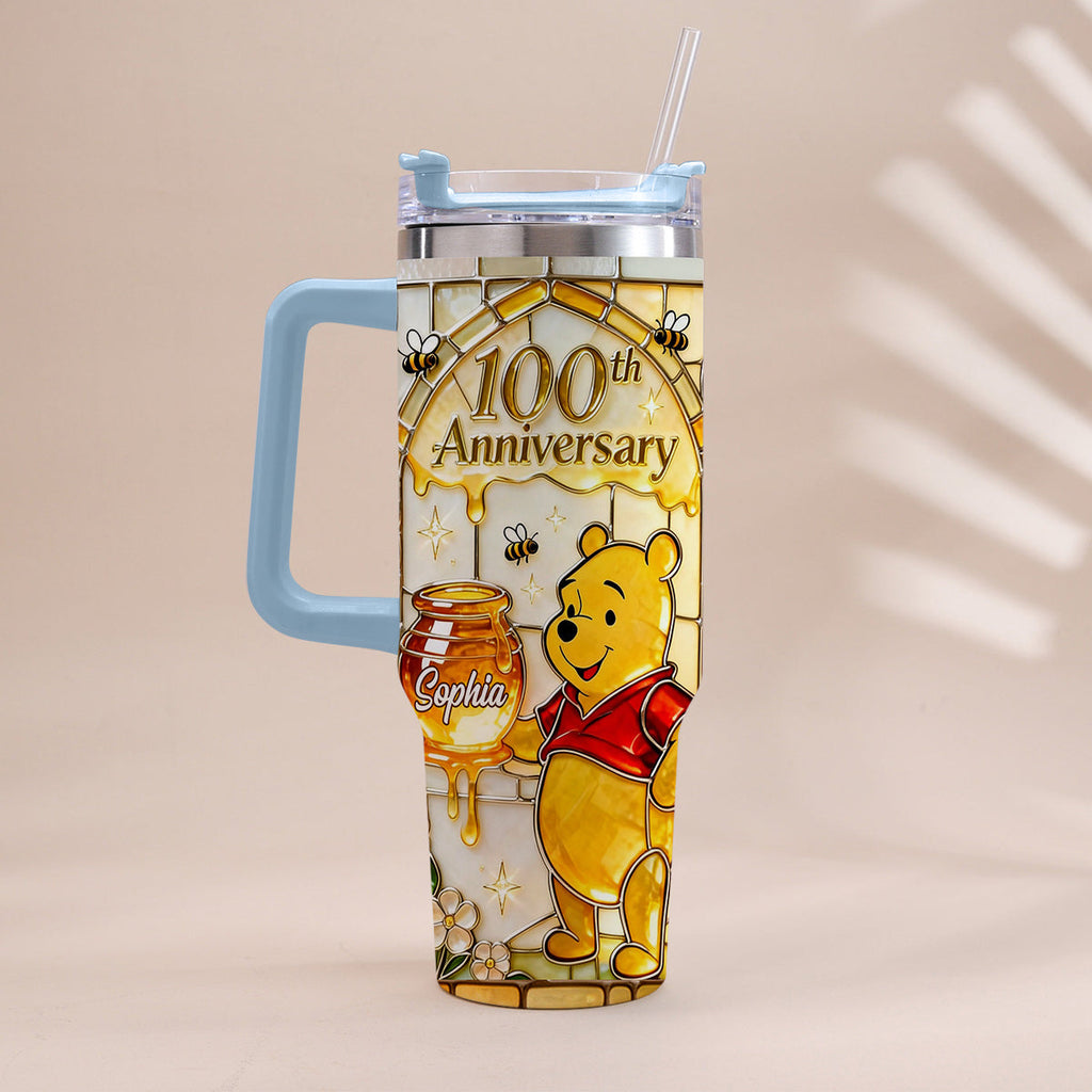 Personalized 100th Anniversary Yellow Bear Tumbler Gift Tumbler With Handle GradoCreations