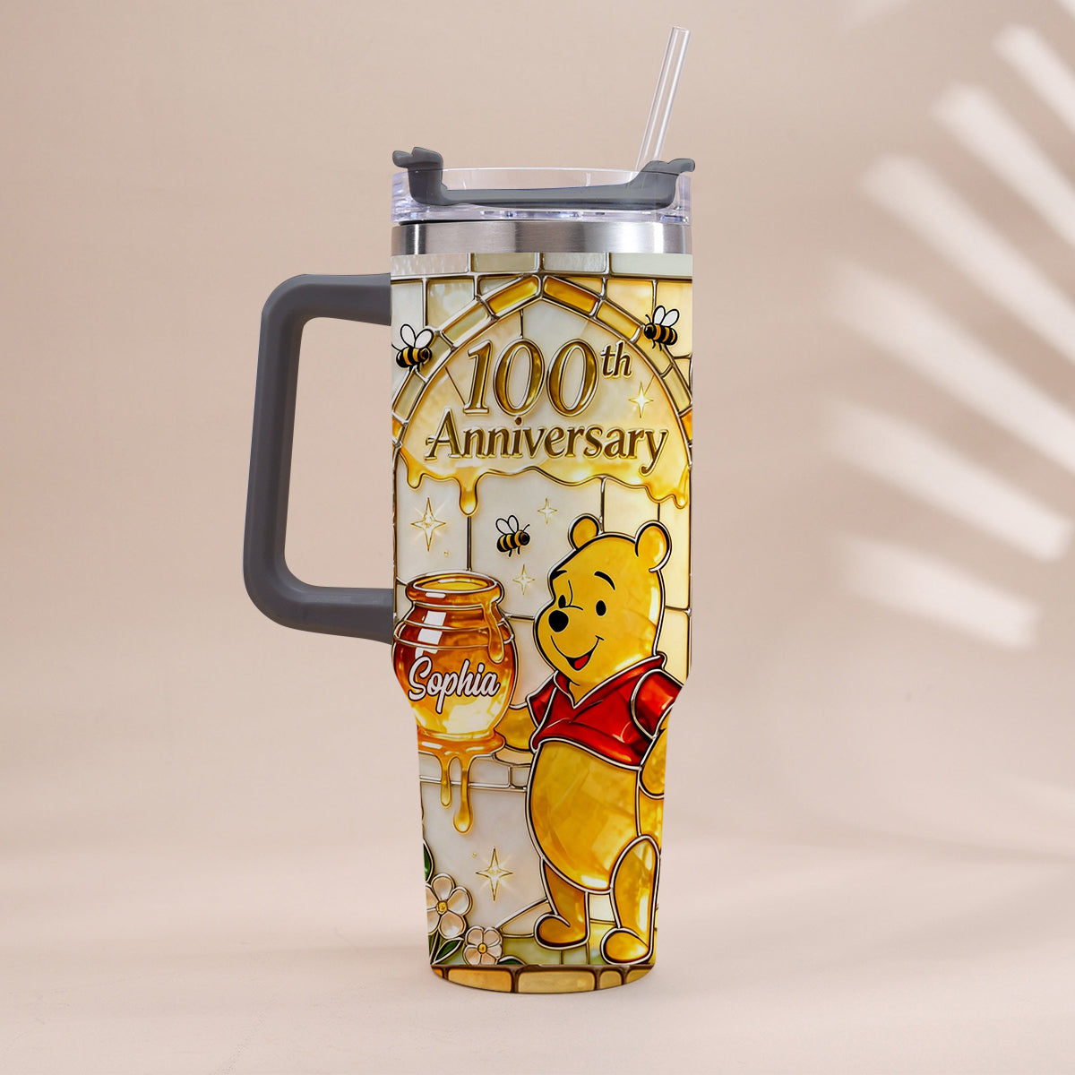 Personalized 100th Anniversary Yellow Bear Tumbler Gift Tumbler With Handle GradoCreations