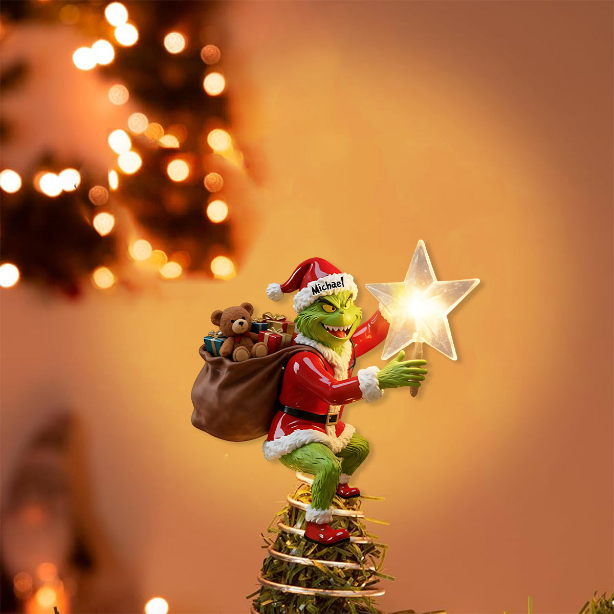 Personalized Grinch LED Light Tree Topper for Christmas Decor LED Light Tree Topper GradoCreations