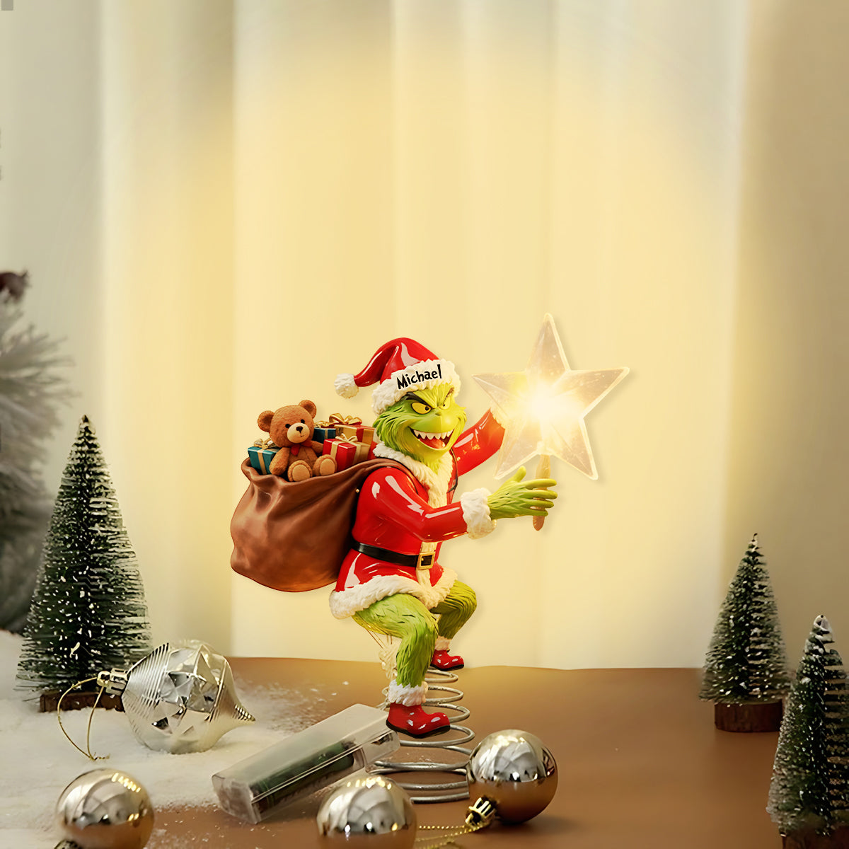 Personalized Grinch LED Light Tree Topper for Christmas Decor LED Light Tree Topper GradoCreations