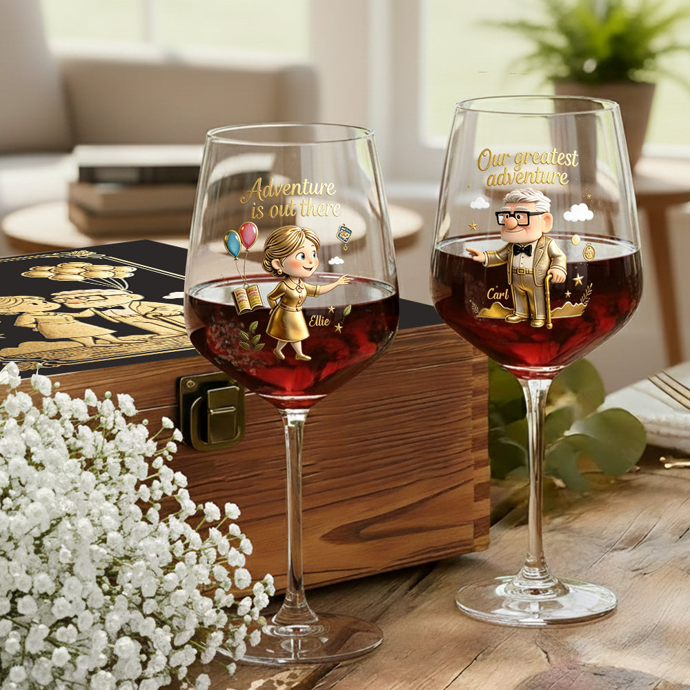 Personalized Couple Wine Glasses Set with Wooden Box for Anniversary Gift Wine Glasses Set With Wooden Box GradoCreations