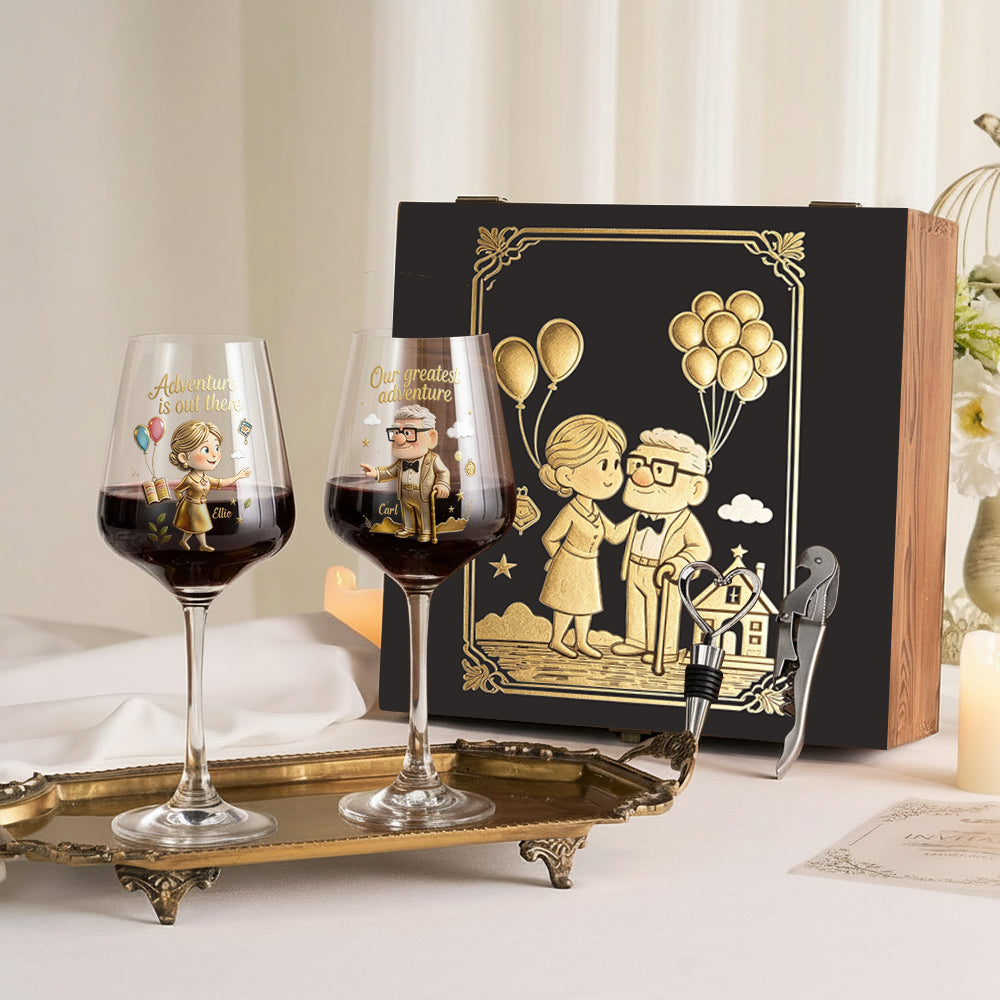 Personalized Couple Wine Glasses Set with Wooden Box for Anniversary Gift Wine Glasses Set With Wooden Box GradoCreations
