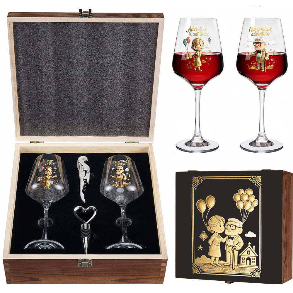 Personalized Couple Wine Glasses Set with Wooden Box for Anniversary Gift Wine Glasses Set With Wooden Box GradoCreations