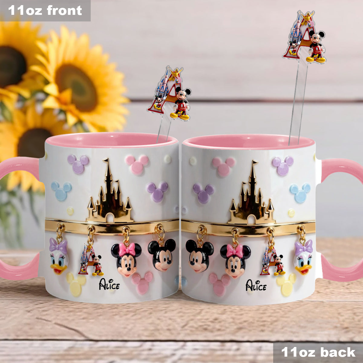 Personalized Disney Character Mug Set with Acrylic Stirrer Gift Set Accent Mug with Acrylic Stirrers GradoCreations