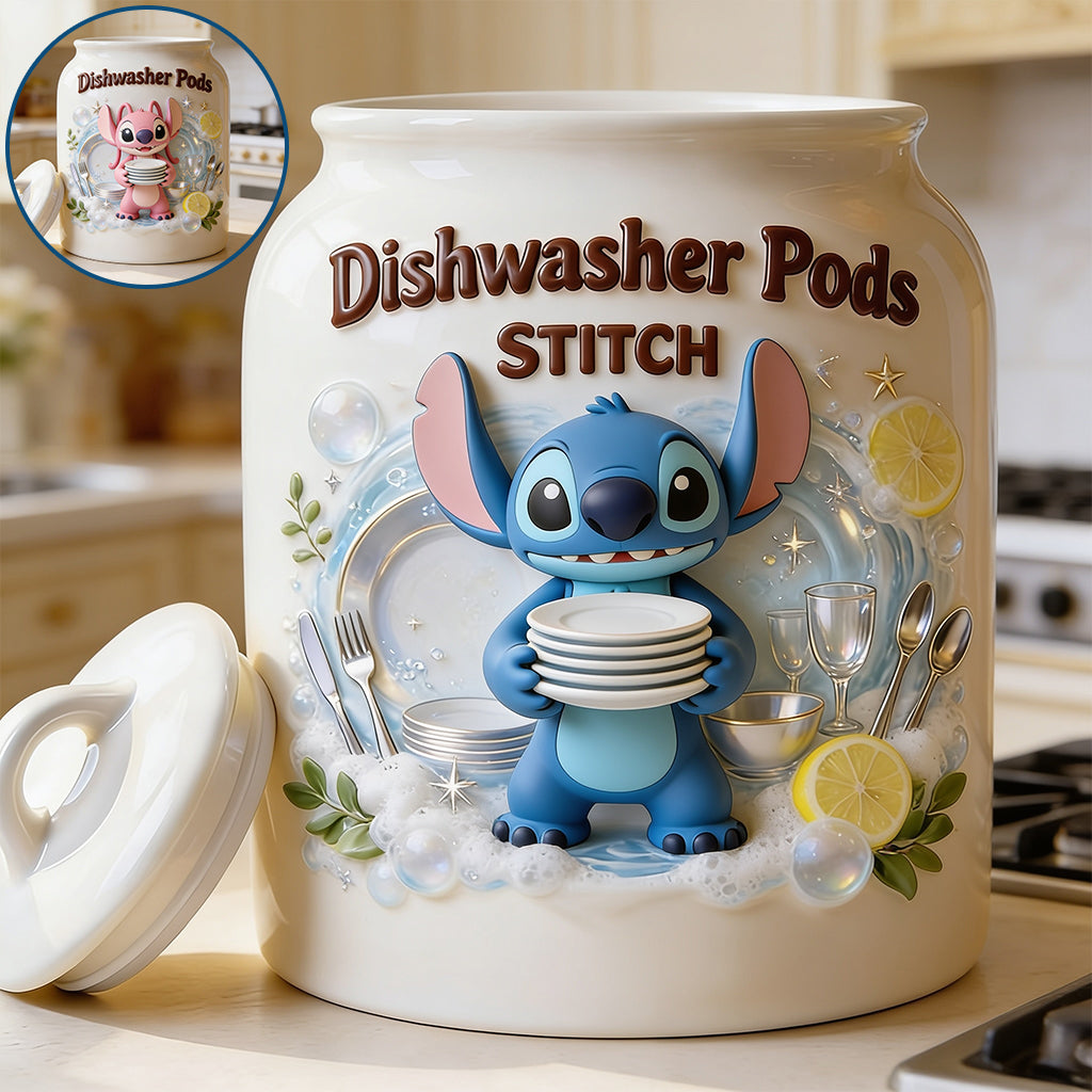 Personalized Ceramic Dishwasher Pods Container with Stitch Design Cookie Jar GradoCreations