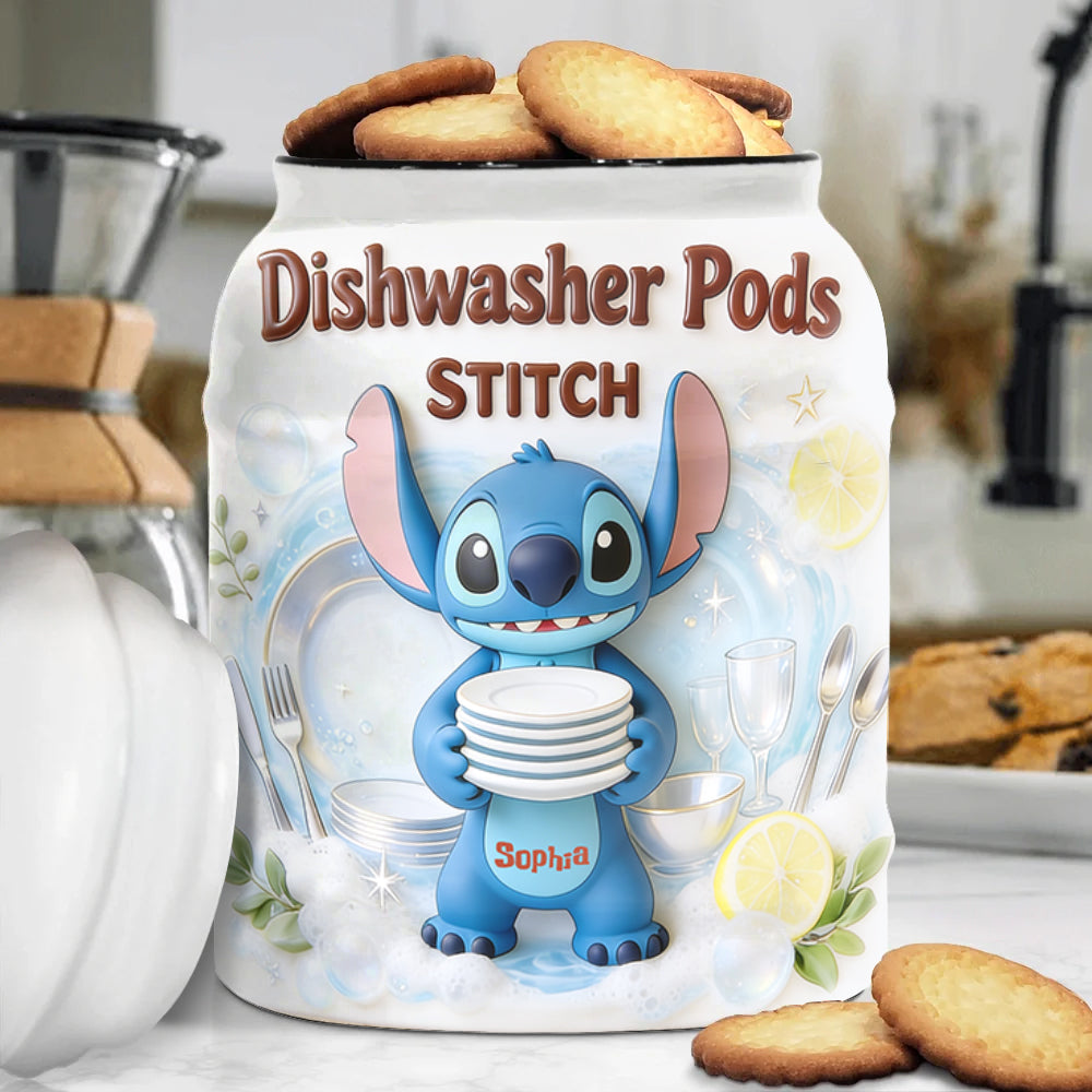 Personalized Ceramic Dishwasher Pods Container with Stitch Design Cookie Jar GradoCreations