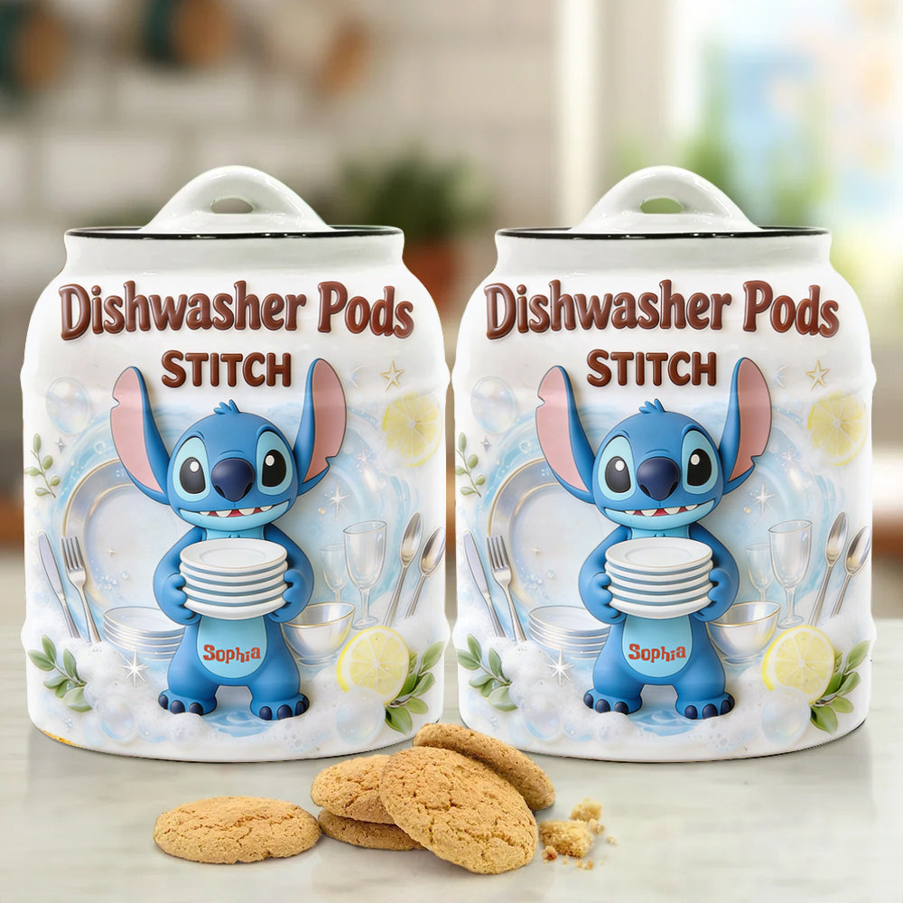 Personalized Ceramic Dishwasher Pods Container with Stitch Design Cookie Jar GradoCreations