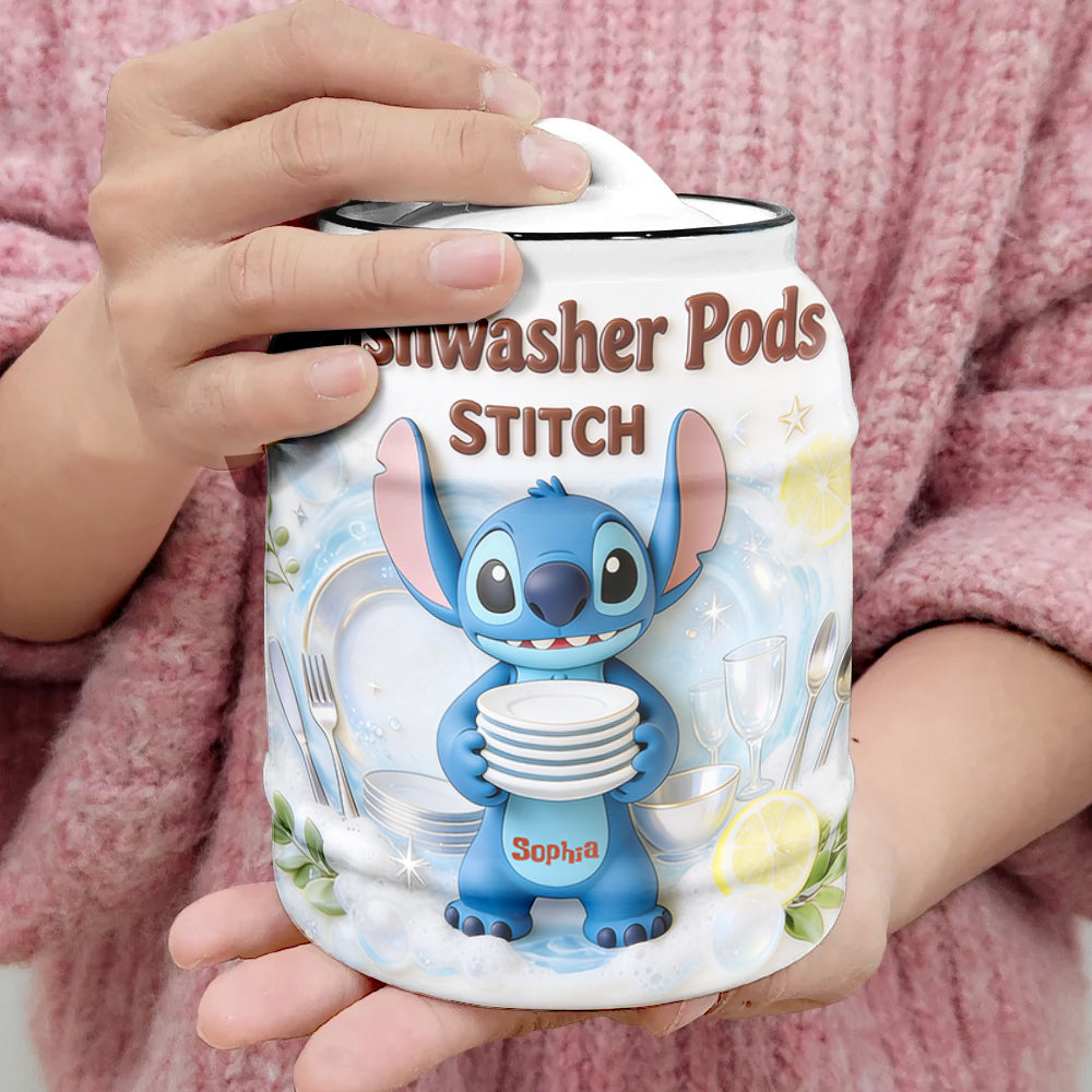 Personalized Ceramic Dishwasher Pods Container with Stitch Design Cookie Jar GradoCreations