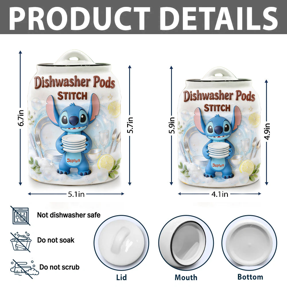 Personalized Ceramic Dishwasher Pods Container with Stitch Design Cookie Jar GradoCreations