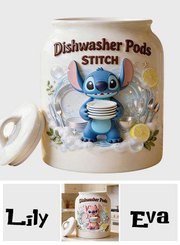 Personalized Ceramic Dishwasher Pods Container with Stitch Design Cookie Jar GradoCreations