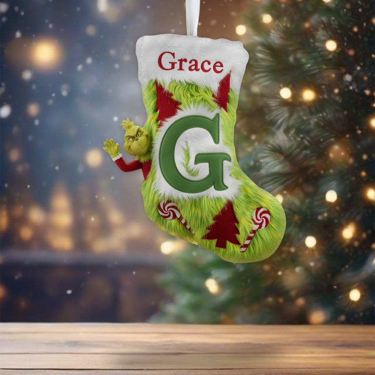 Personalized Grinch Christmas Stocking Custom Name Holiday Decor Shaped Christmas Stocking GradoCreations
