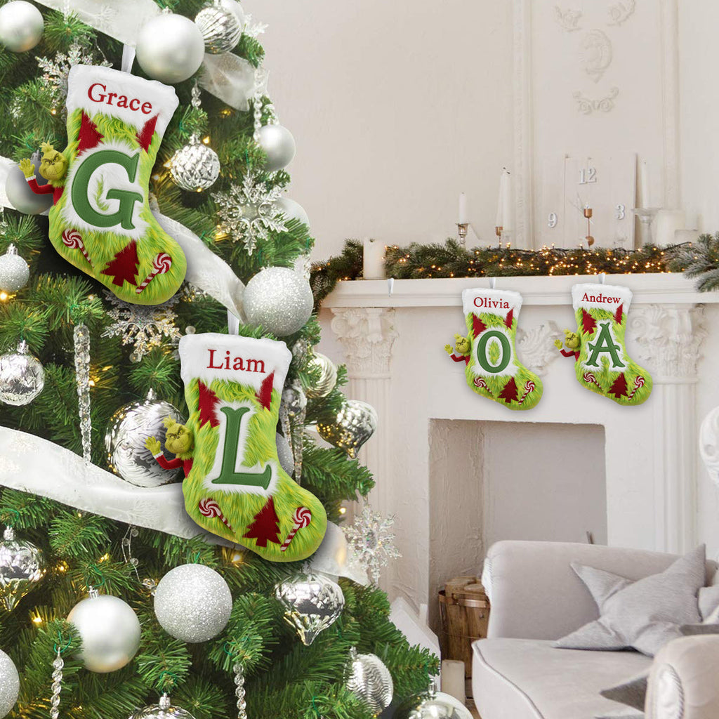 Personalized Grinch Christmas Stocking Custom Name Holiday Decor Shaped Christmas Stocking GradoCreations