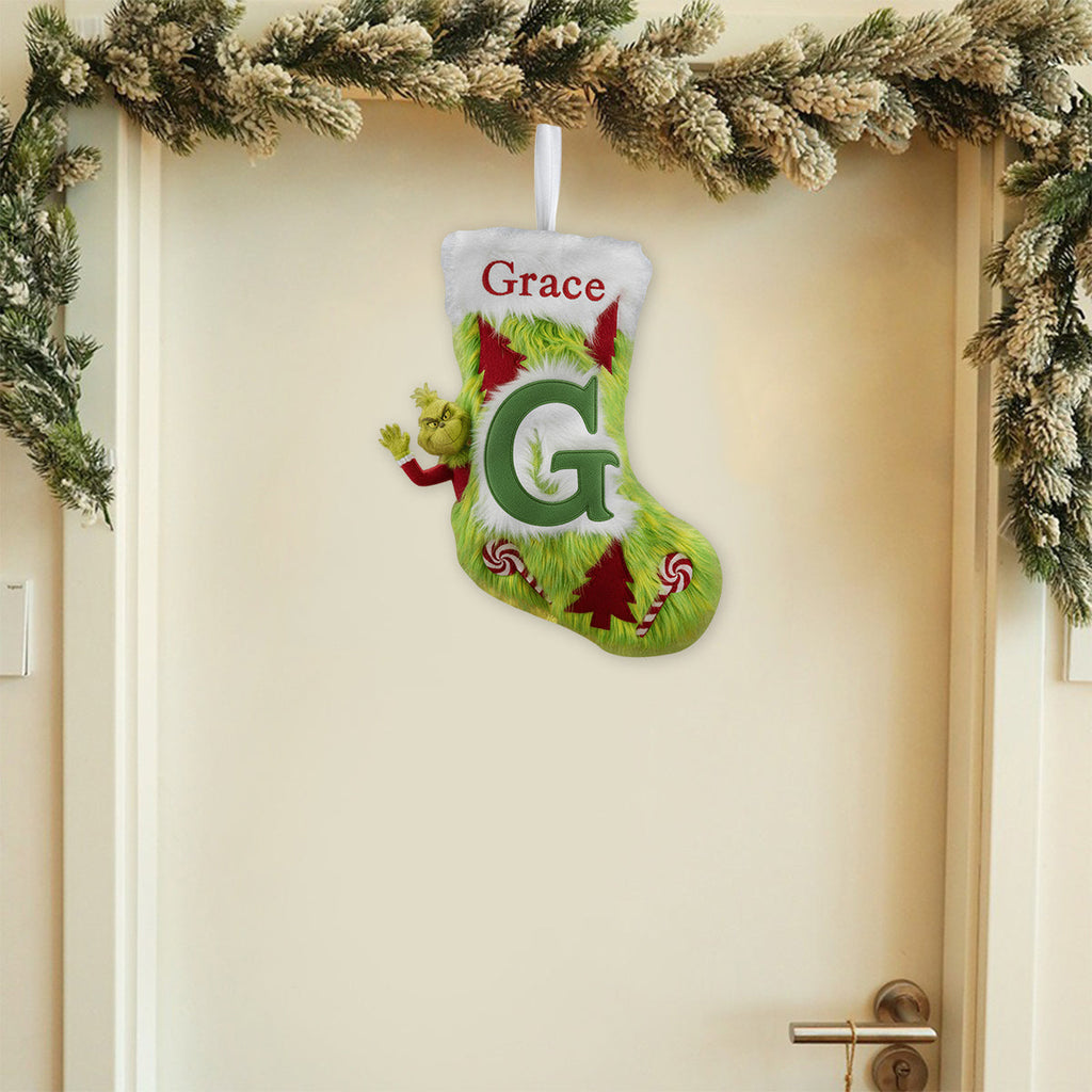 Personalized Grinch Christmas Stocking Custom Name Holiday Decor Shaped Christmas Stocking GradoCreations