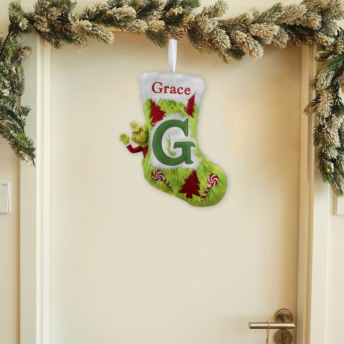 Personalized Grinch Christmas Stocking Custom Name Holiday Decor Shaped Christmas Stocking GradoCreations