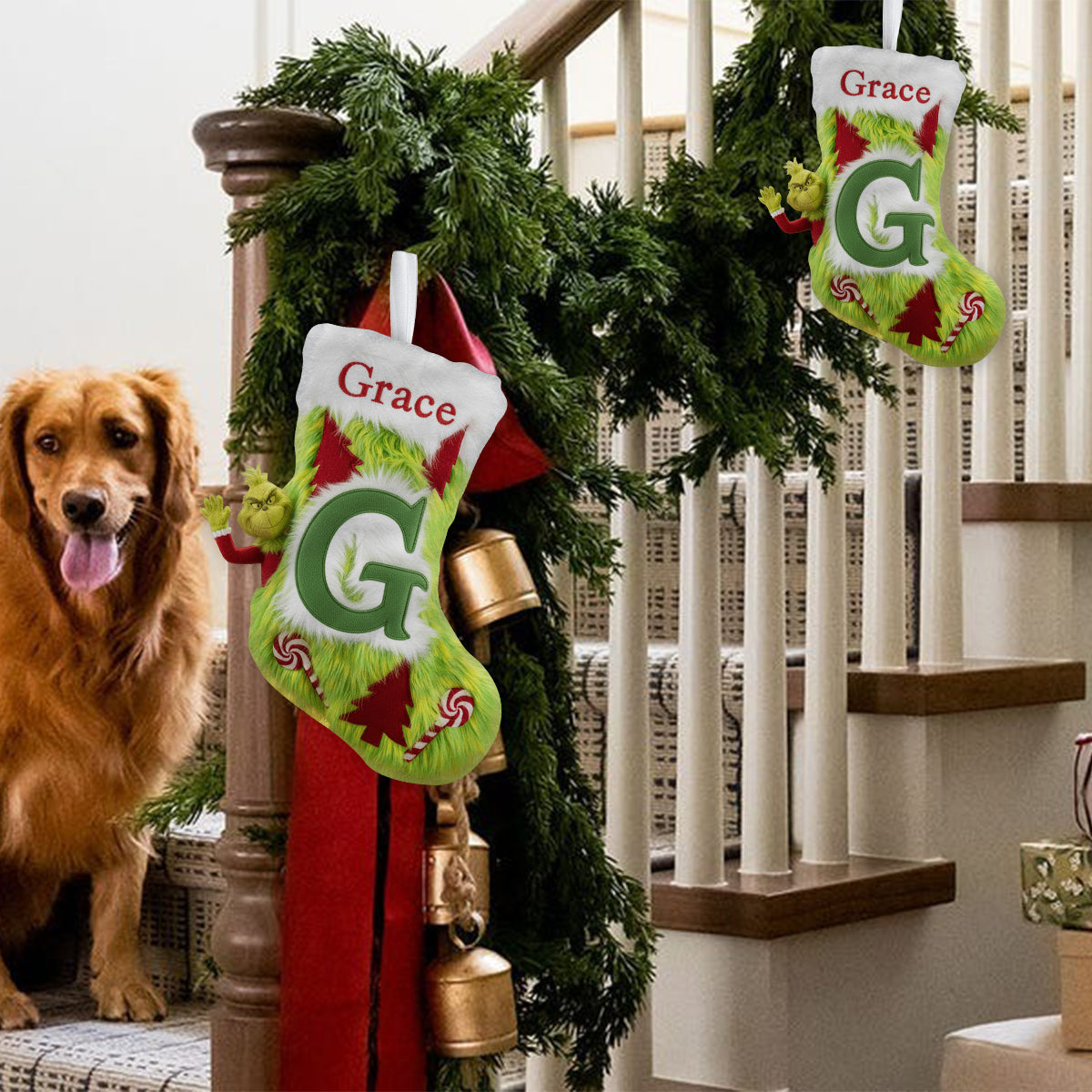Personalized Grinch Christmas Stocking Custom Name Holiday Decor Shaped Christmas Stocking GradoCreations