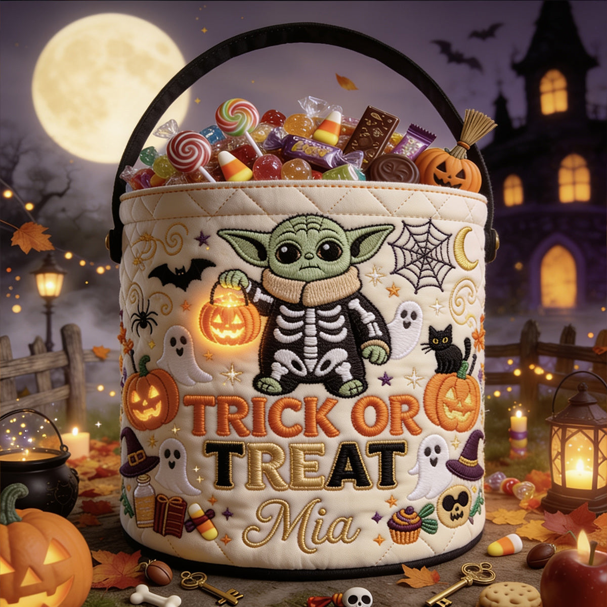 Personalized Trick Or Treat Canvas Bucket Bag Custom Name Kids Halloween Gift Canvas Bucket Bag GradoCreations
