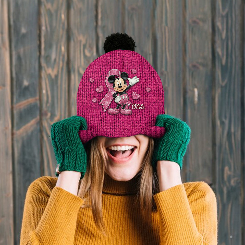 Personalized Breast Cancer Awareness Beanie Hat with Name Customization Beanie Hat GradoCreations