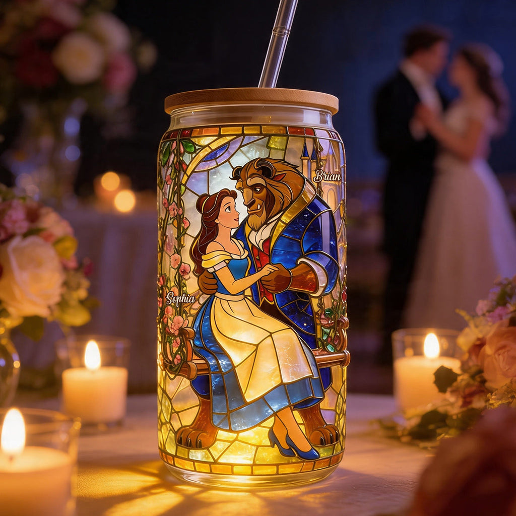 Personalized Beauty and the Beast Glass Can with Straw Gift for Couple Can Glass GradoCreations