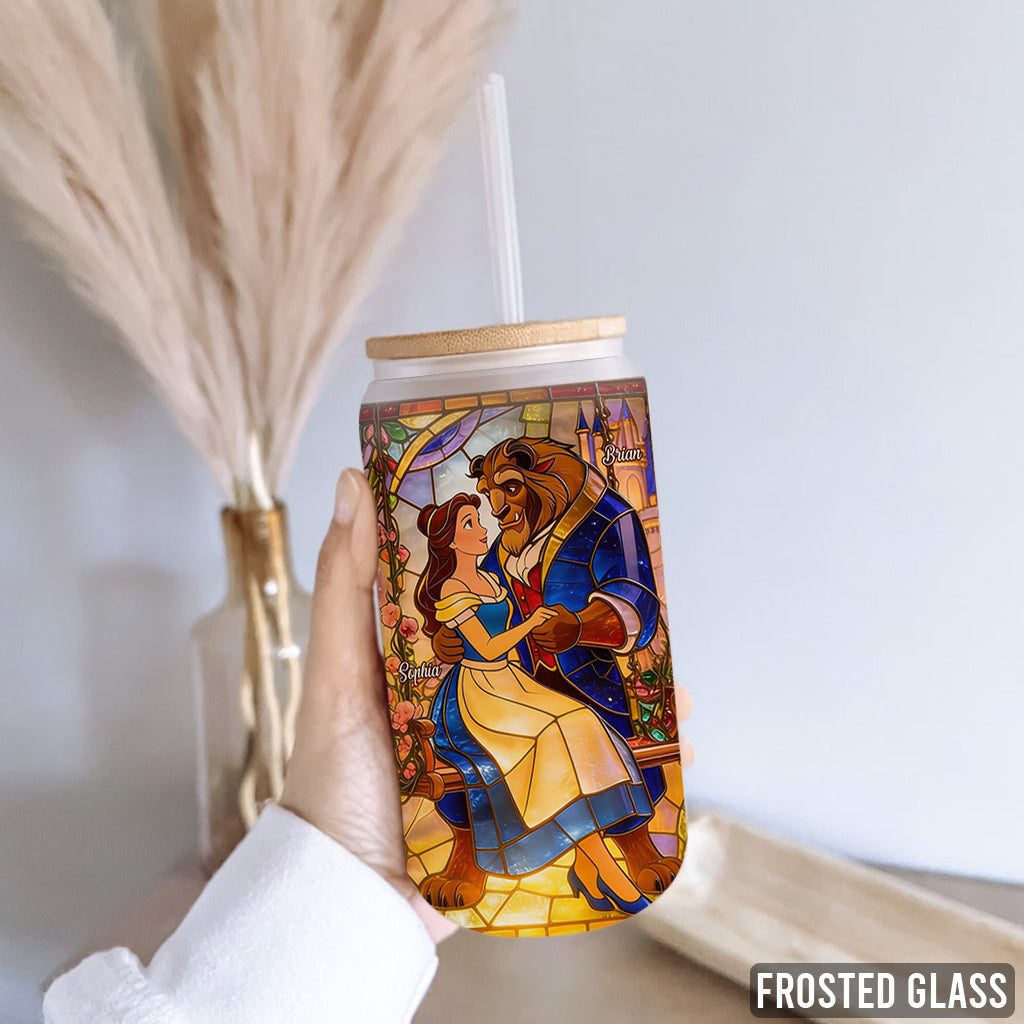 Personalized Beauty and the Beast Glass Can with Straw Gift for Couple Can Glass GradoCreations
