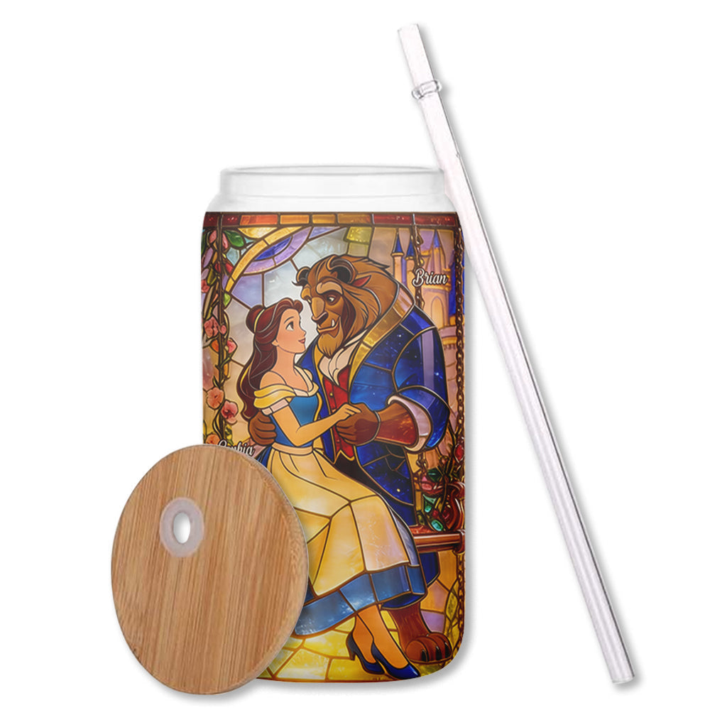 Personalized Beauty and the Beast Glass Can with Straw Gift for Couple Can Glass GradoCreations