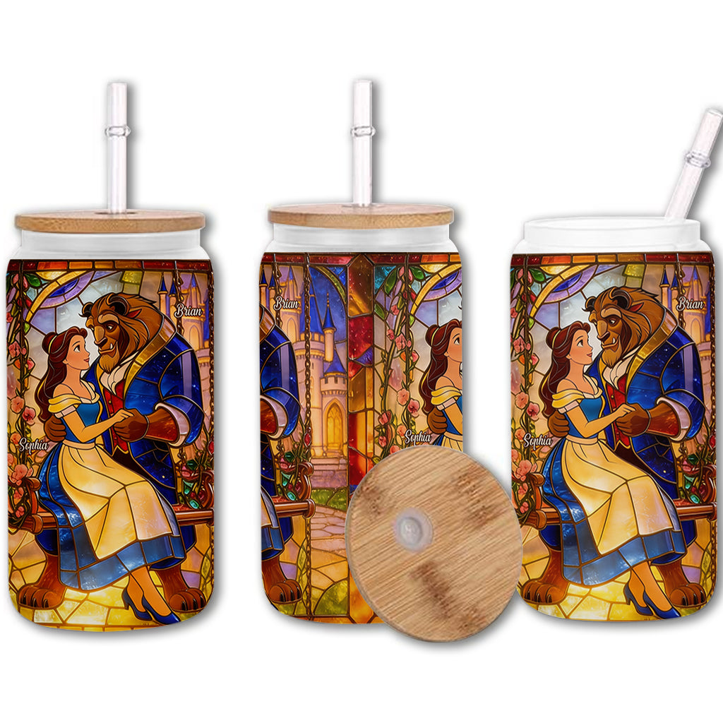 Personalized Beauty and the Beast Glass Can with Straw Gift for Couple Can Glass GradoCreations