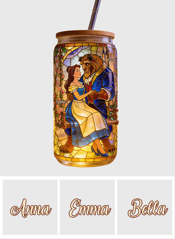 Personalized Beauty and the Beast Glass Can with Straw Gift for Couple Can Glass GradoCreations