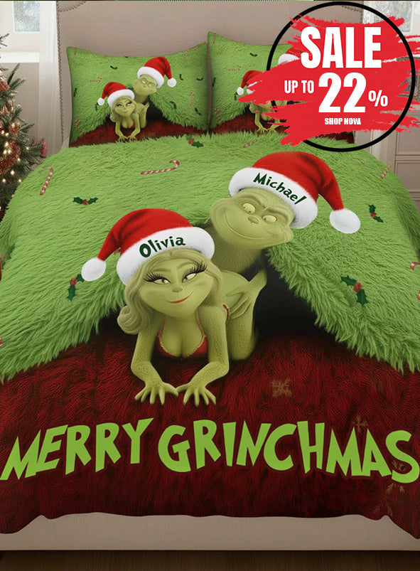 Personalized Grinch Christmas Bedding Set Custom Names Gift for Couples Bedding Set GradoCreations