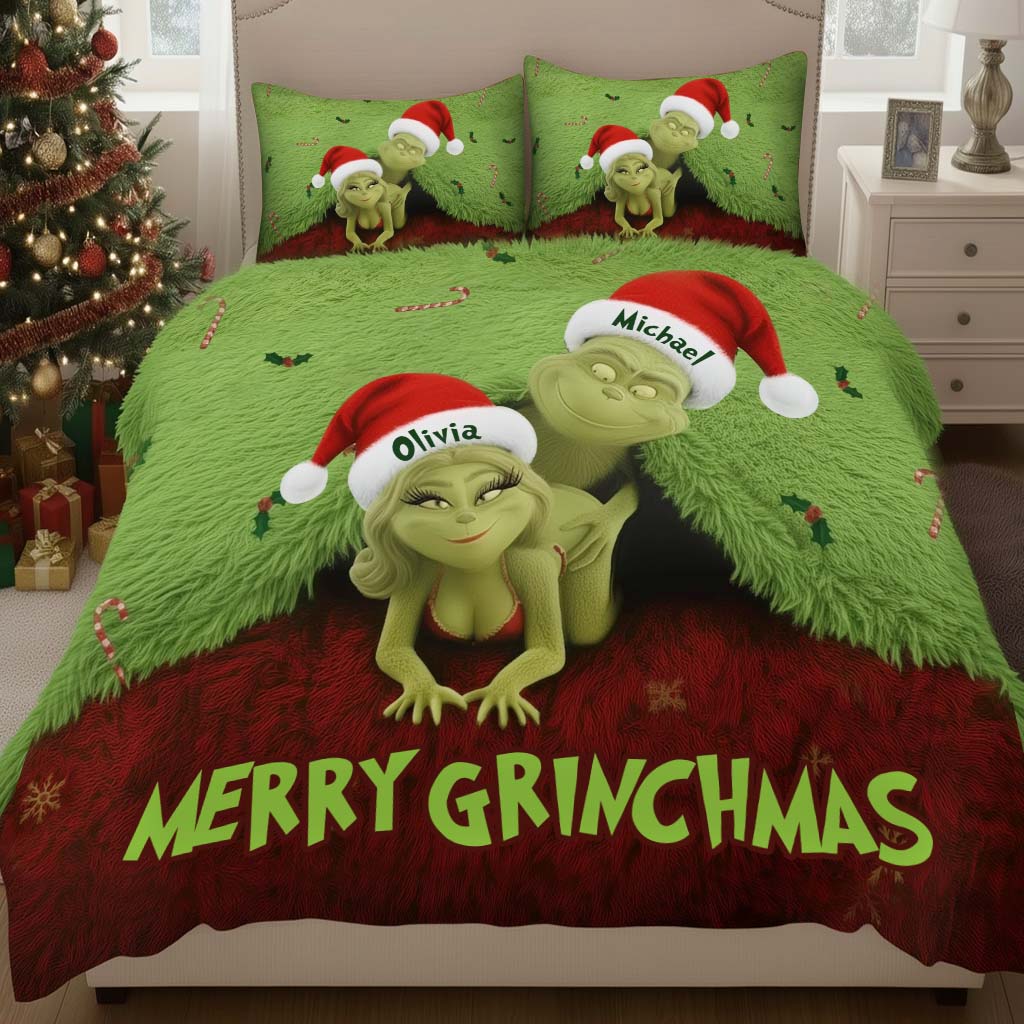 Personalized Grinch Christmas Bedding Set Custom Names Gift for Couples Bedding Set GradoCreations